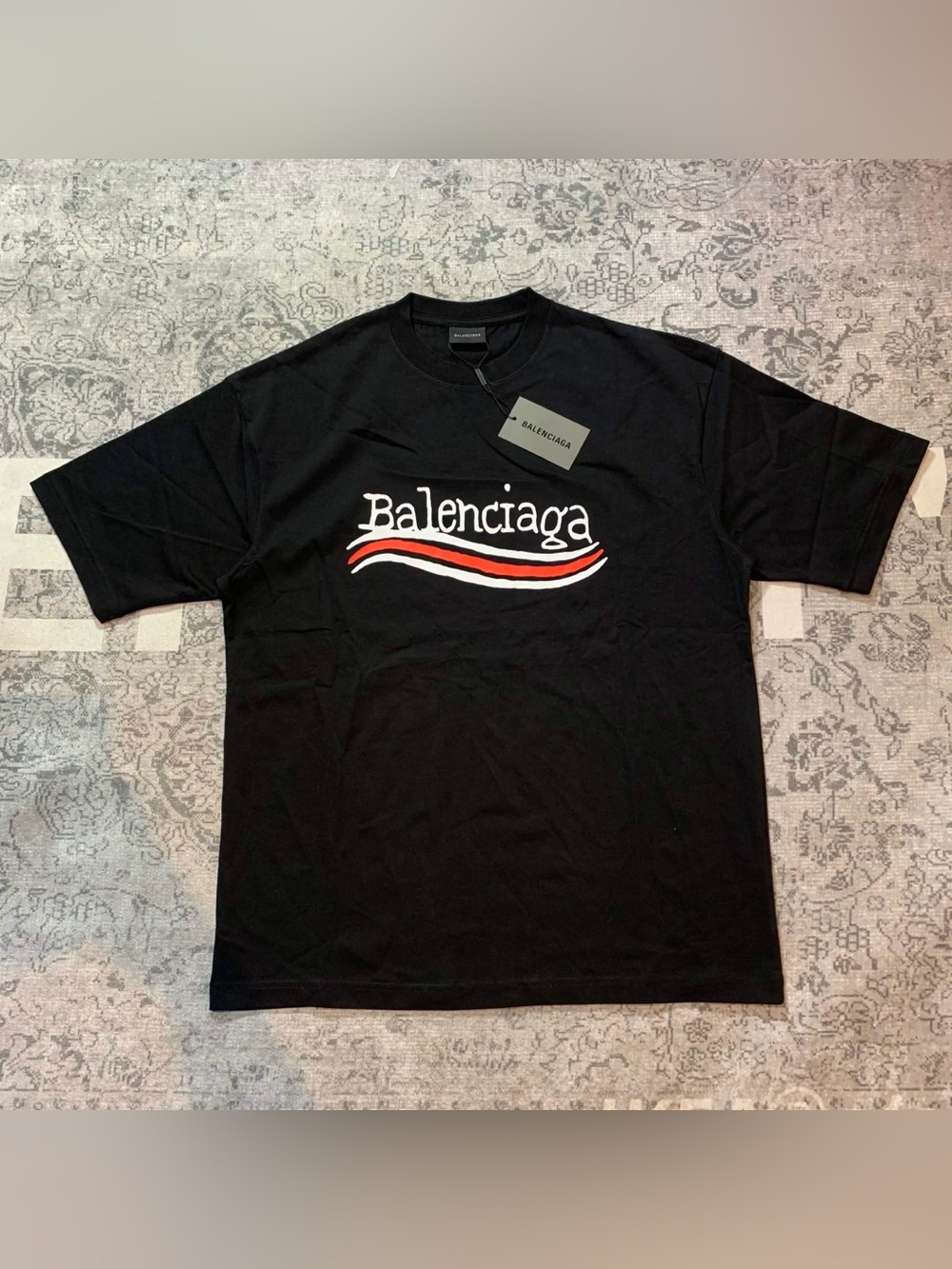 Balenciaga Black Short-Sleeve Logo Tee with Red & White Wave